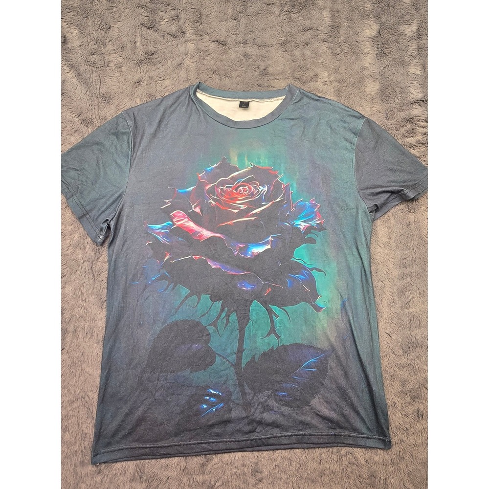 Mens XXL Rose Graphic T-Shirt Blue Red Teal Floral All Over Print Short Sleeve